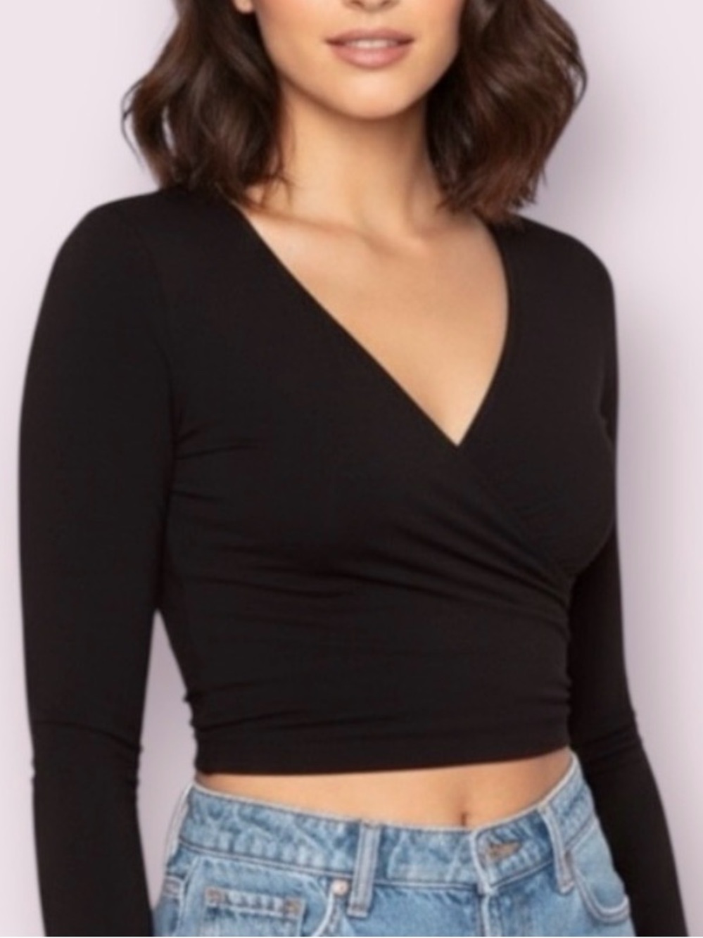 Brandy Melville Black Long Sleeve Wrap Crop Top OS stretch